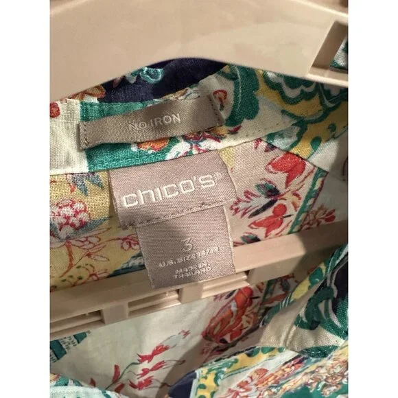 Chicos Linen Floral Geometric No Iron Button Shirt Blouse 3/4 Sleeve Sz 3 XLarge - Picture 3 of 3